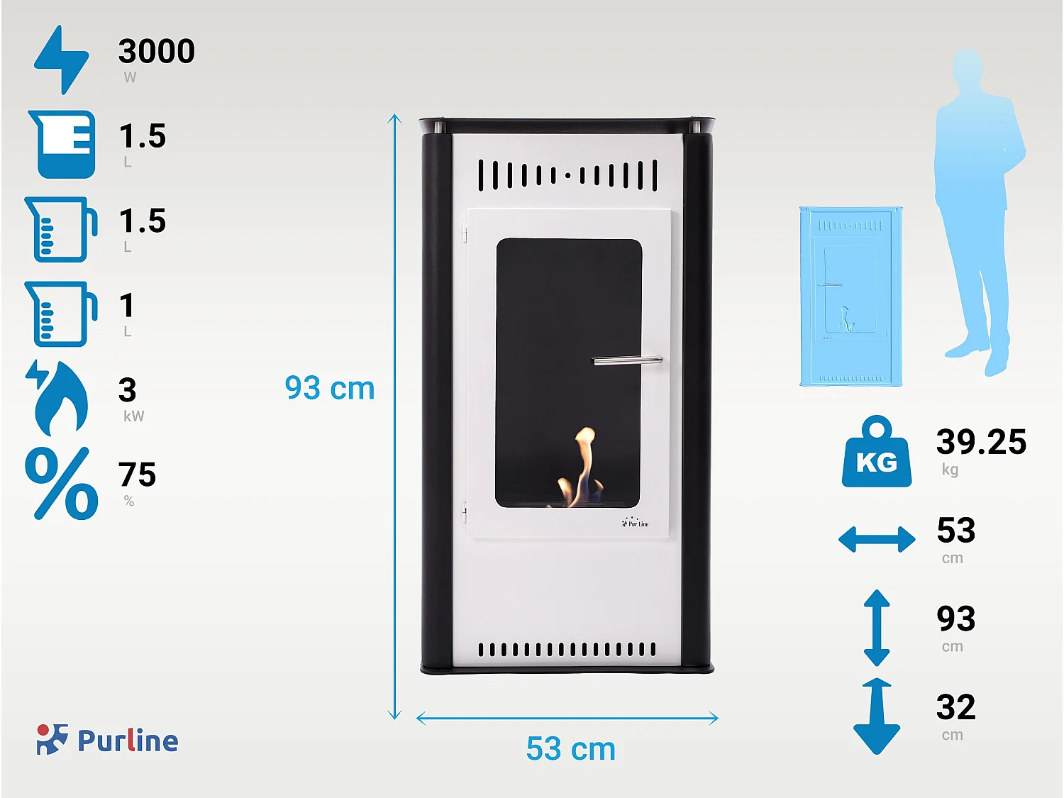 Poêle à éthanol 3kW en acier blanc avec porte en verre trempé