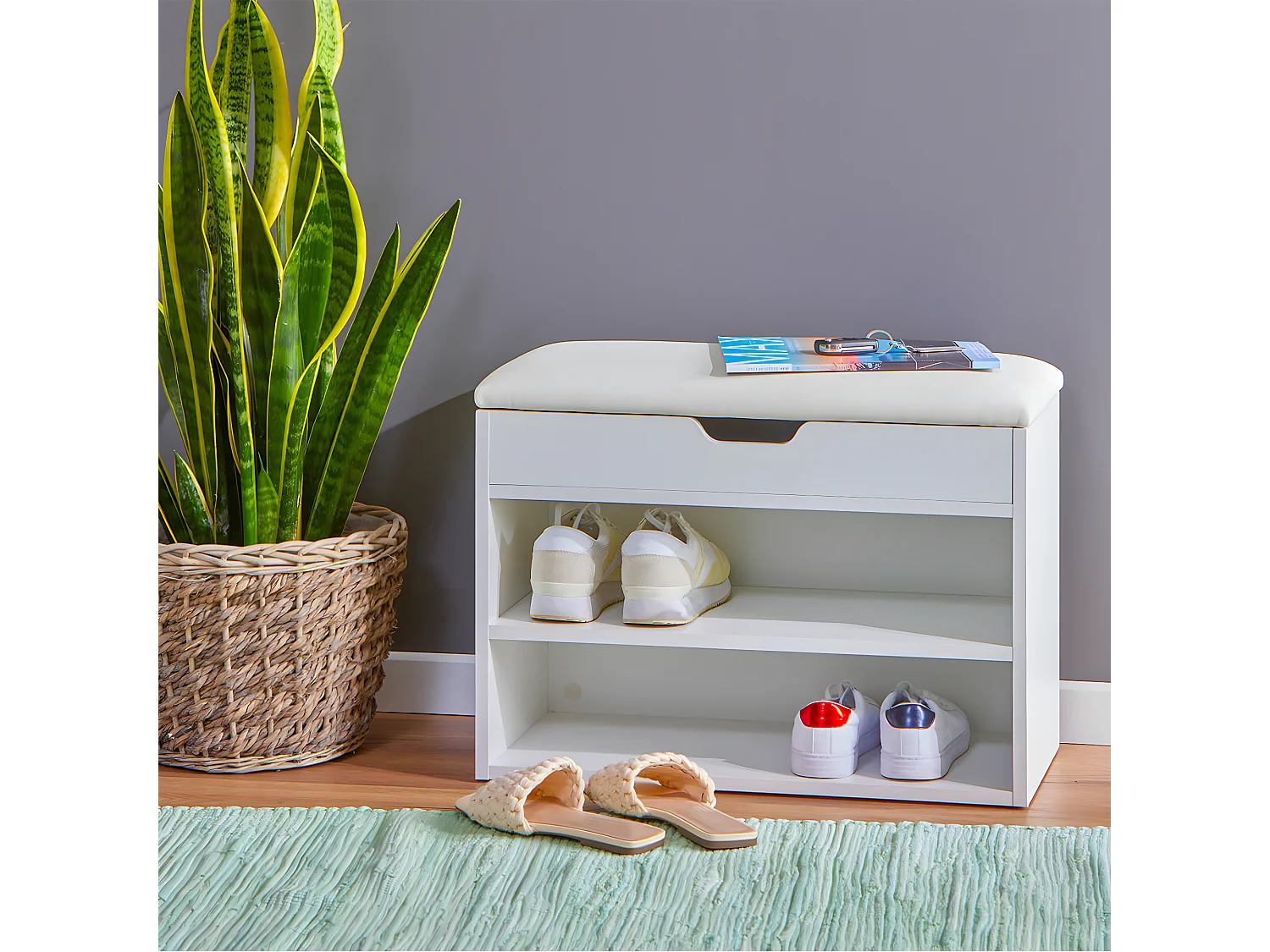 JENNY - Banc à Chaussures avec Coffre de Rangement et Assise Rembourée.