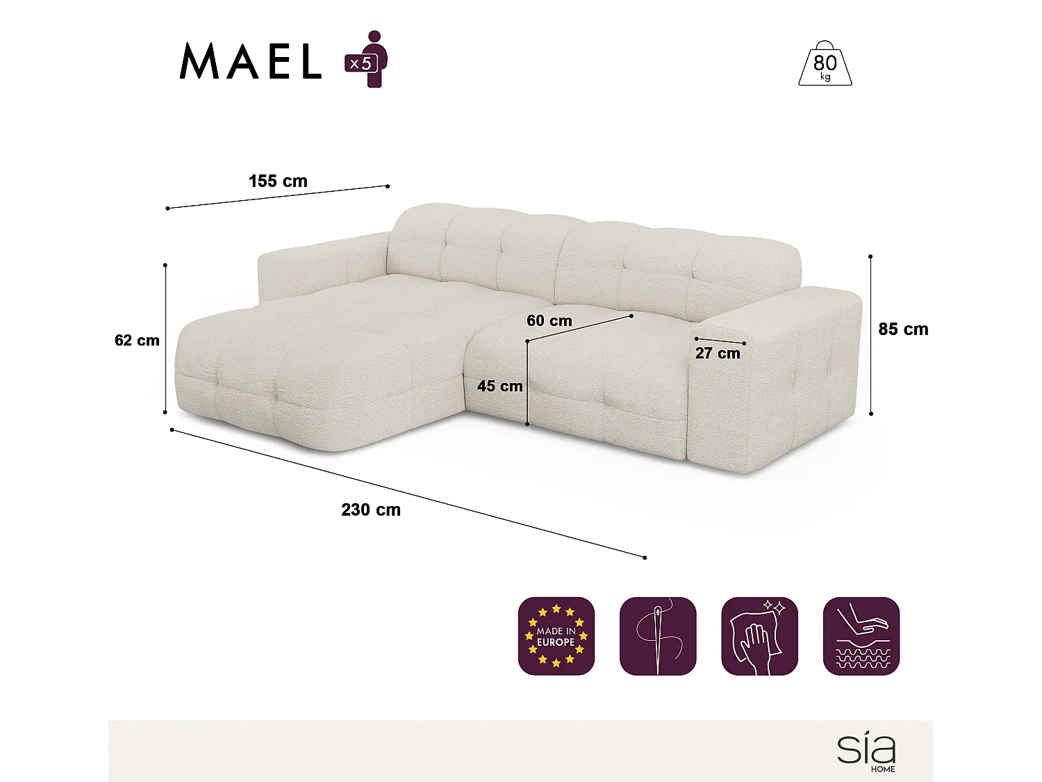 Canapé angle gauche 5 places tissu bouclette taupe 230cm