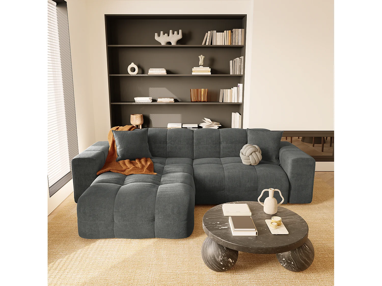 Canapé angle gauche 5 places velours gris graphite 230cm