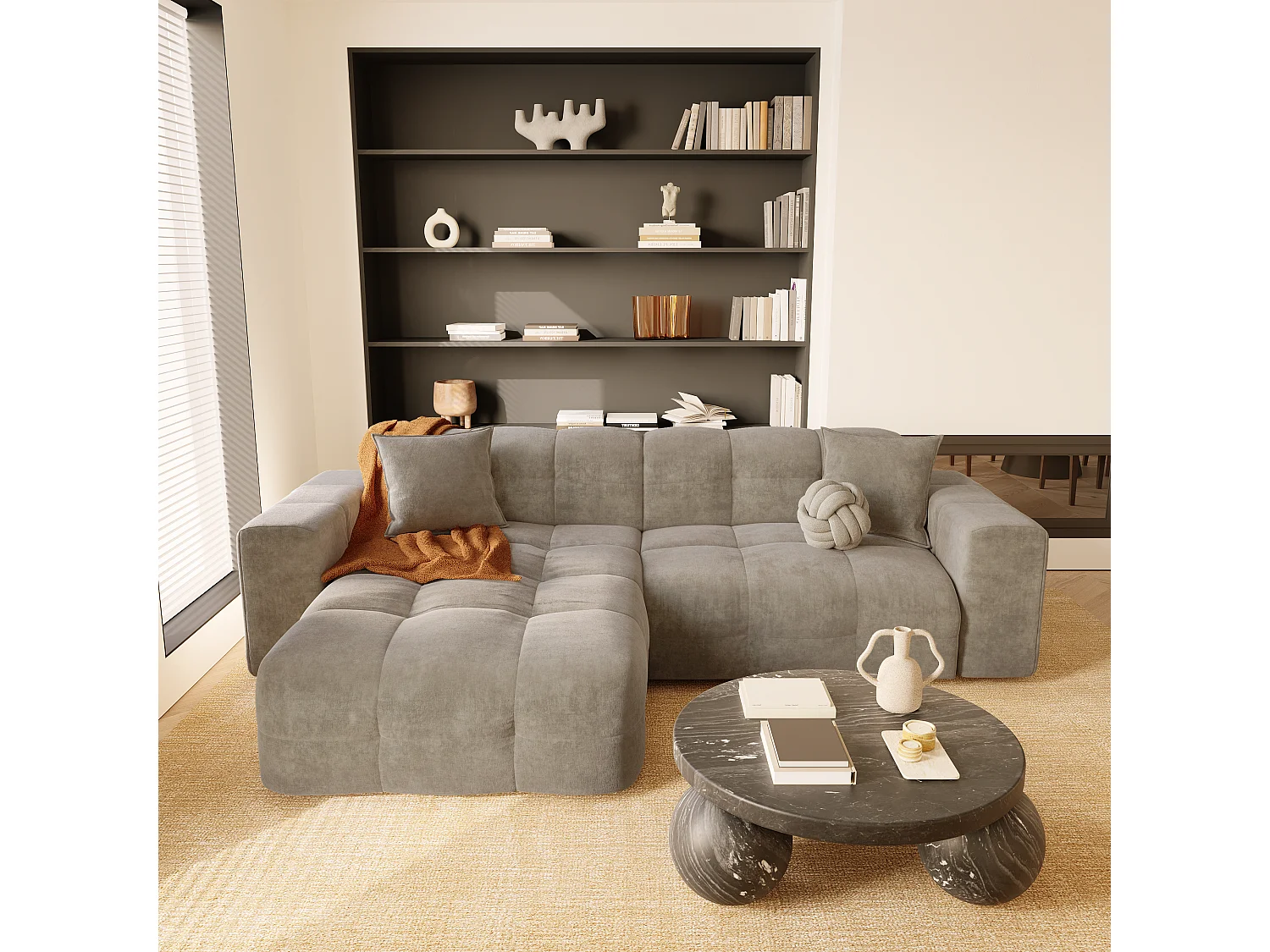 Canapé angle gauche 5 places velours taupe 230cm