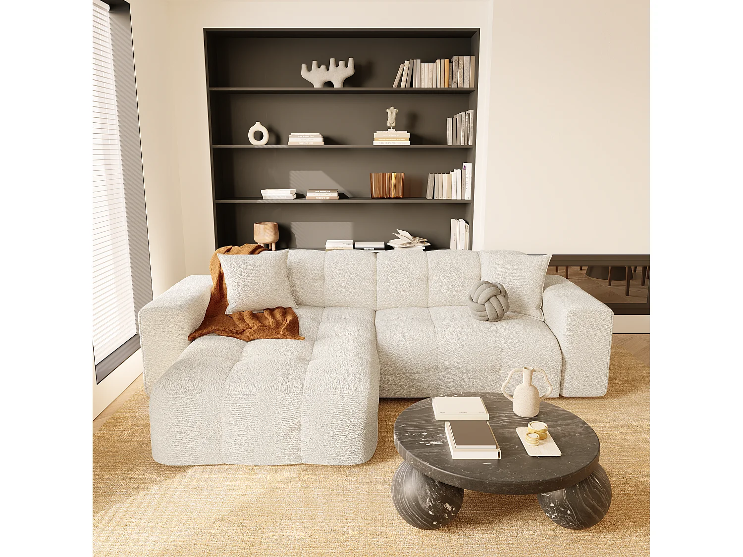 Canapé angle gauche 5 places tissu bouclette crème 230cm