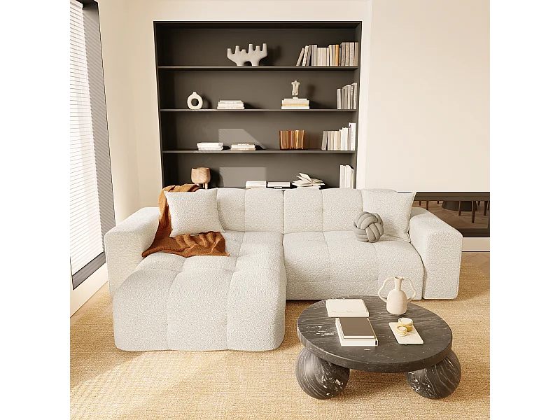 Canapé angle gauche 5 places tissu bouclette crème 230cm