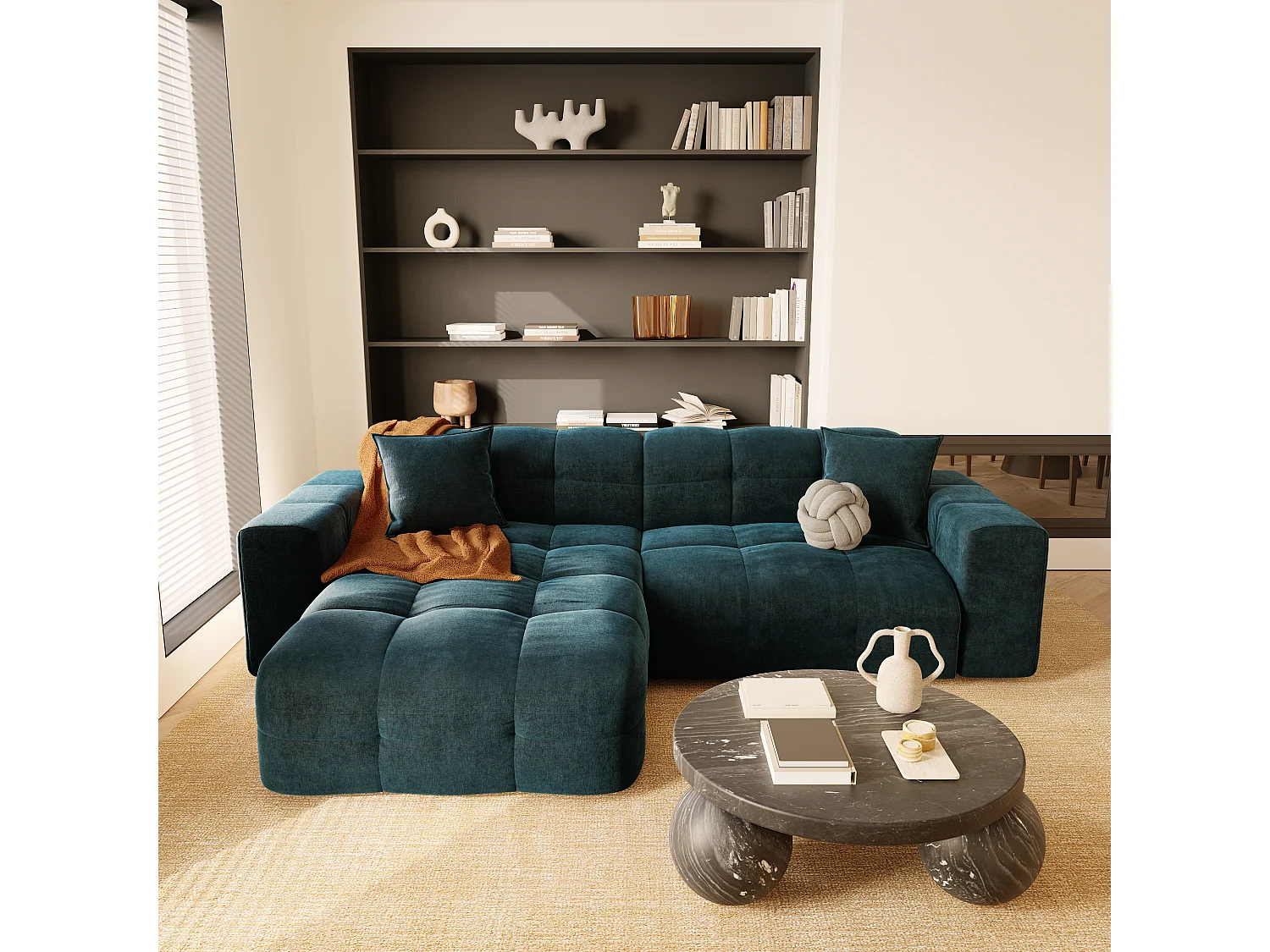 Canapé angle gauche 5 places velours bleu paon 230cm