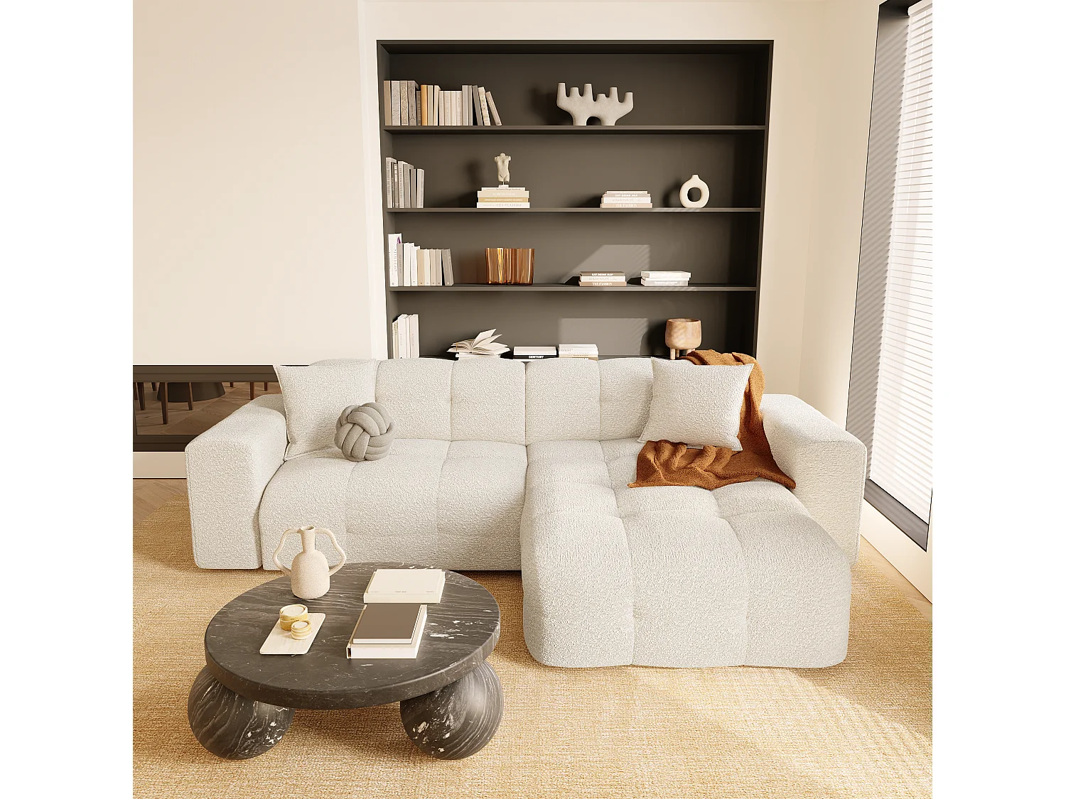 Canapé angle droit 5 places tissu bouclette crème 230cm