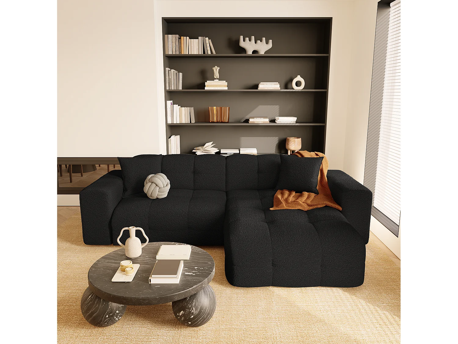 Canapé angle droit 5 places tissu bouclette noir 230cm