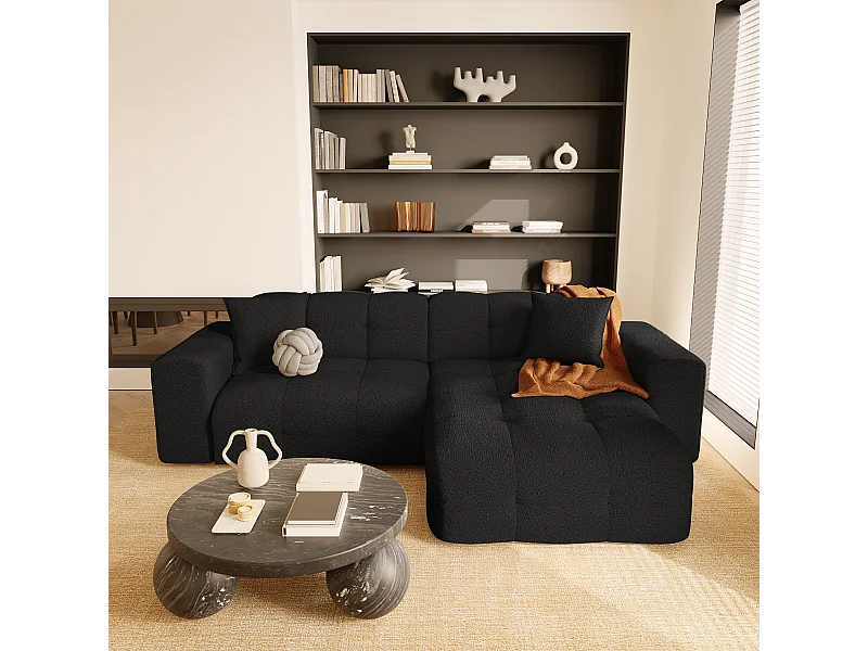 Canapé angle droit 5 places tissu bouclette noir 230cm
