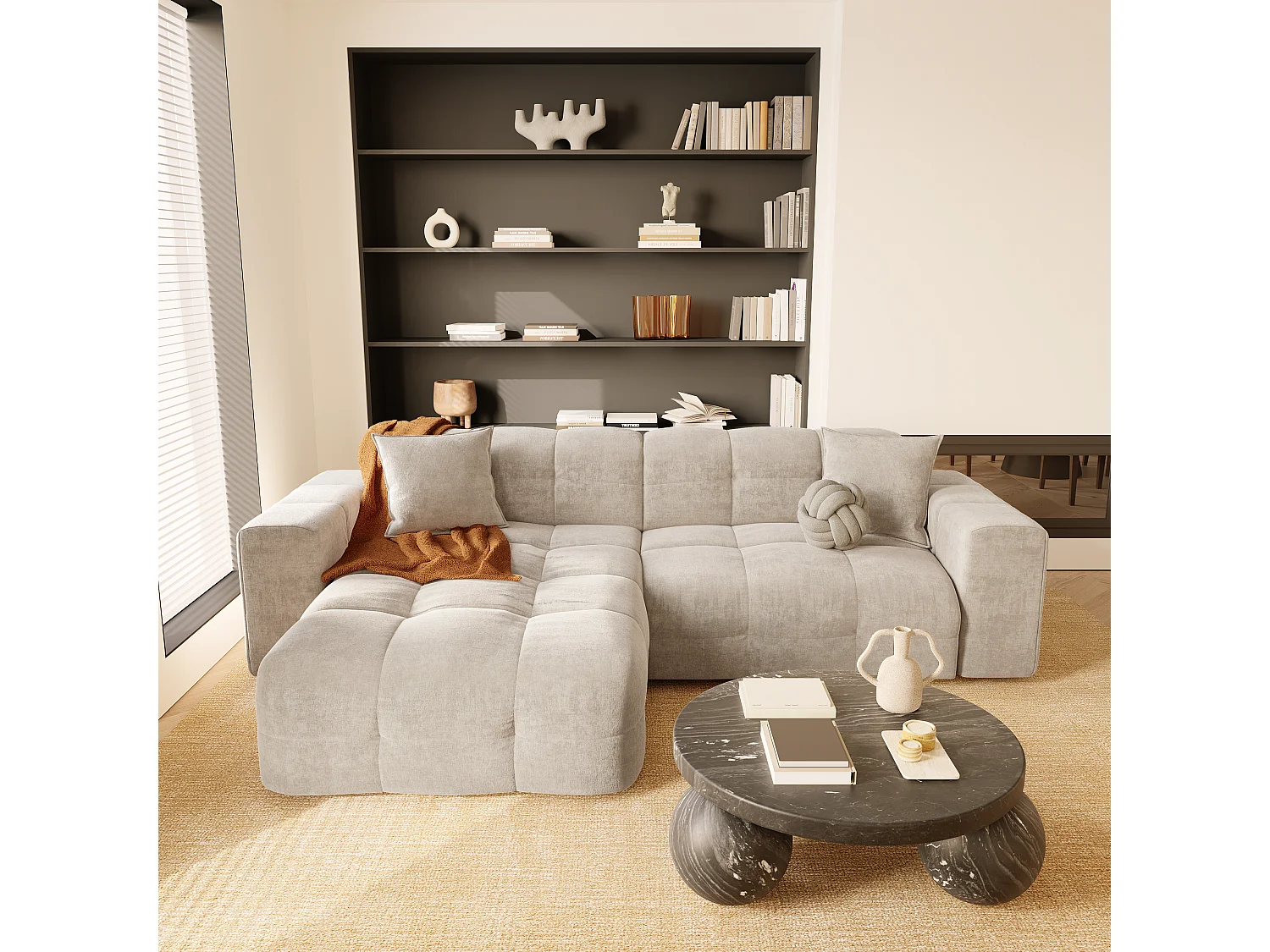 Canapé angle gauche 5 places velours crème 230cm