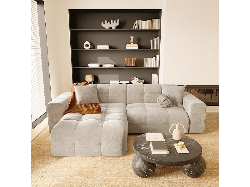 Canapé angle gauche 5 places velours crème 230cm