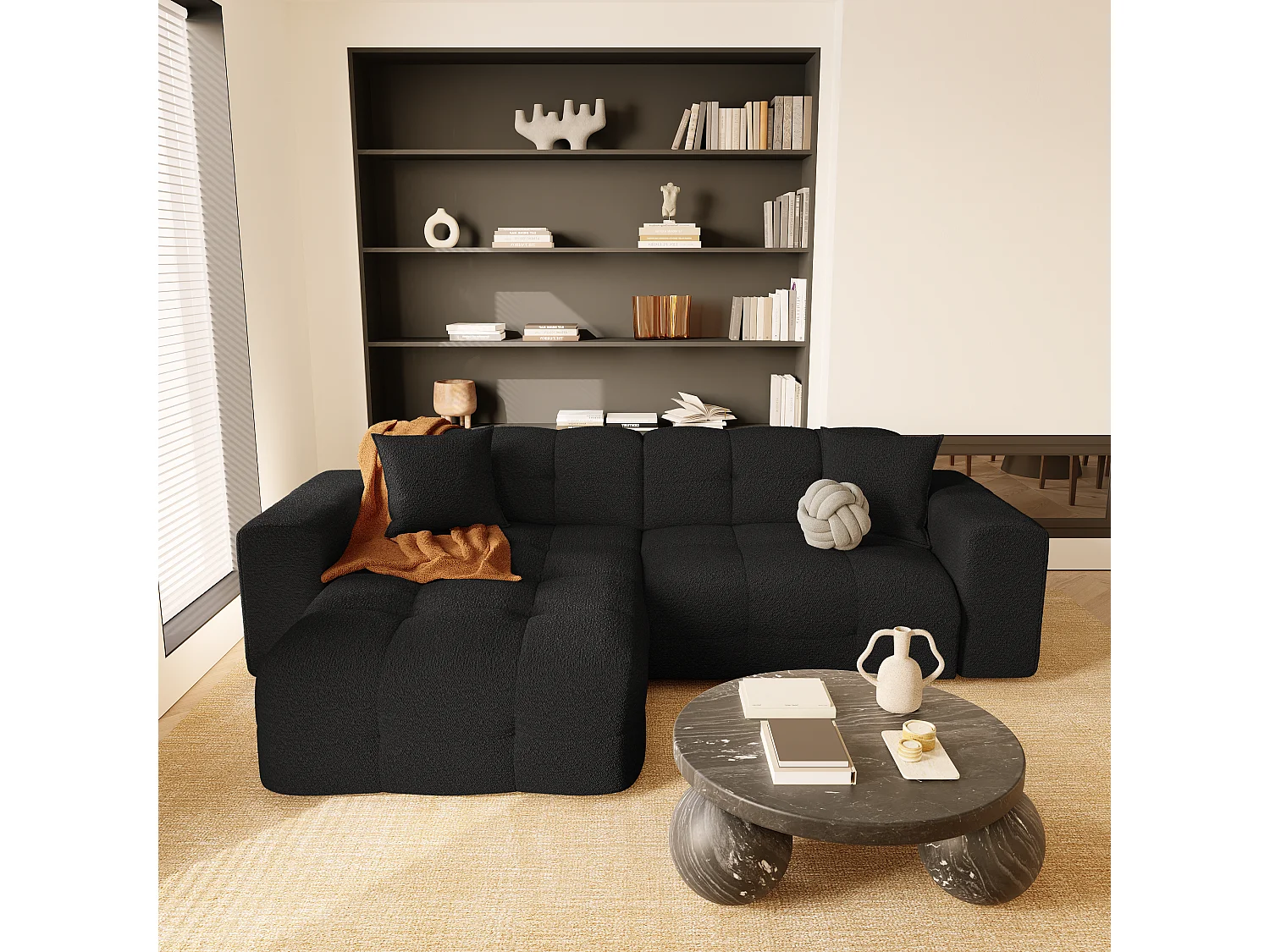 Canapé angle gauche 5 places tissu bouclette noir 230cm