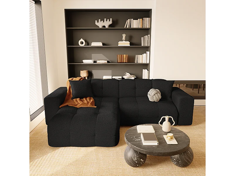 Canapé angle gauche 5 places tissu bouclette noir 230cm
