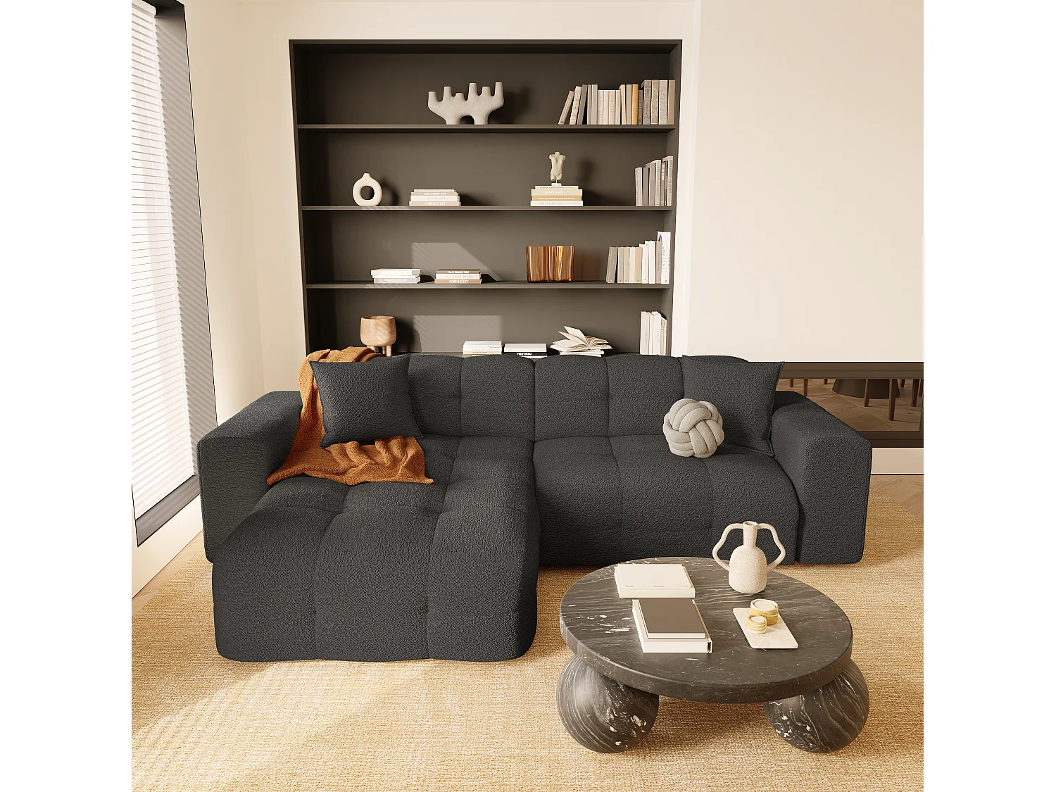 Canapé angle gauche 5 places tissu bouclette gris graphite 230cm