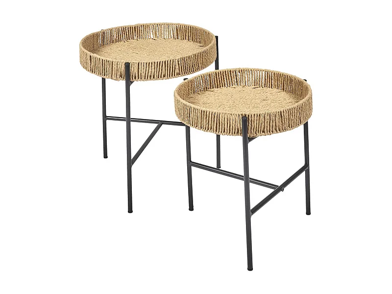 CORDY - Tables Gigogne en Métal Noir avec Plateaux Amovibles Façon Cordage
