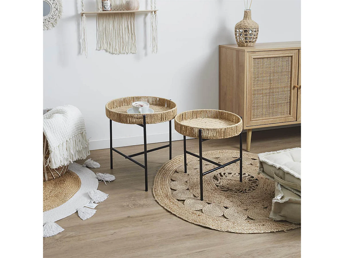 CORDY - Tables Gigogne en Métal Noir avec Plateaux Amovibles Façon Cordage