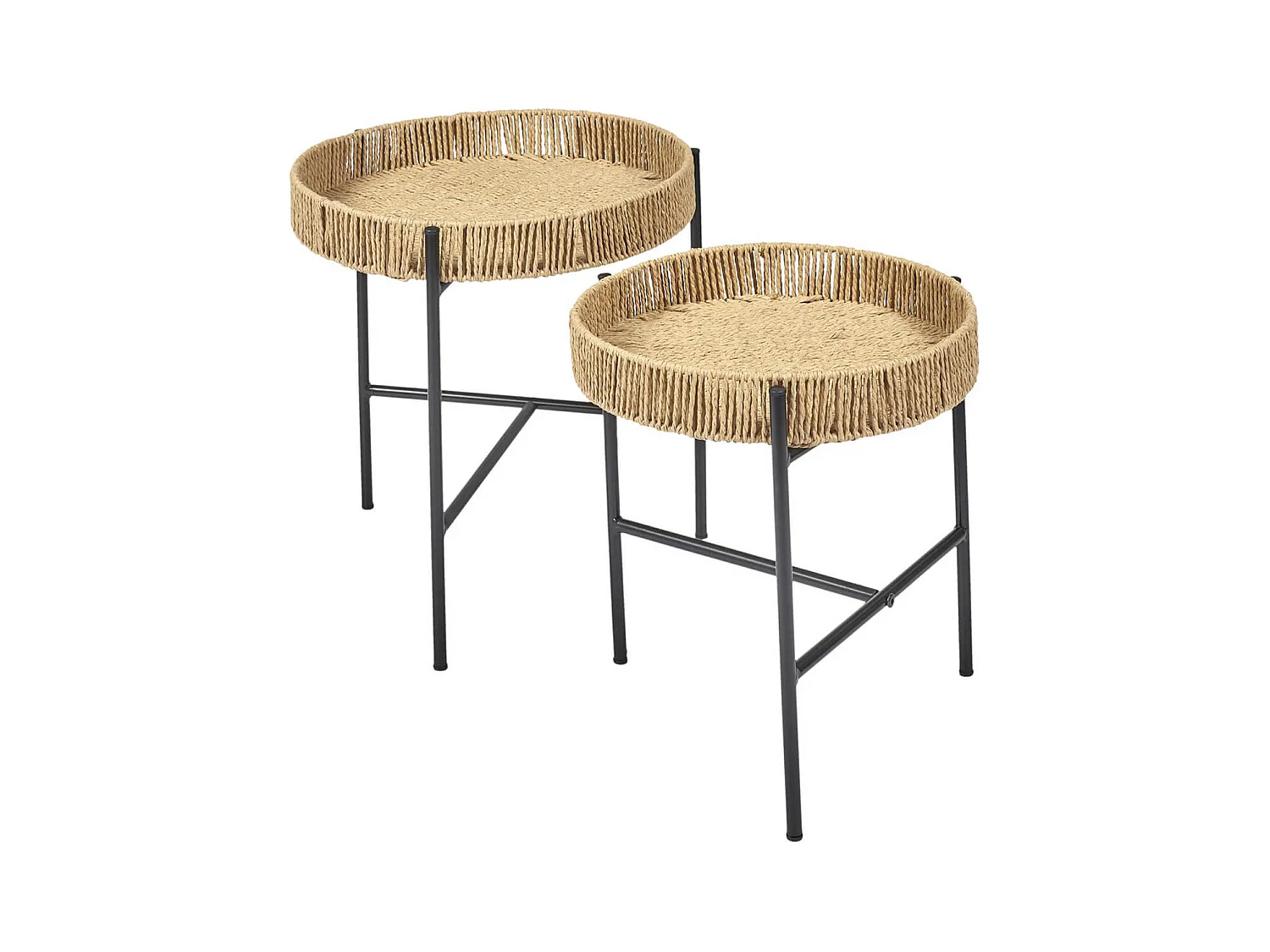 CORDY - Tables Gigogne en Métal Noir avec Plateaux Amovibles Façon Cordage