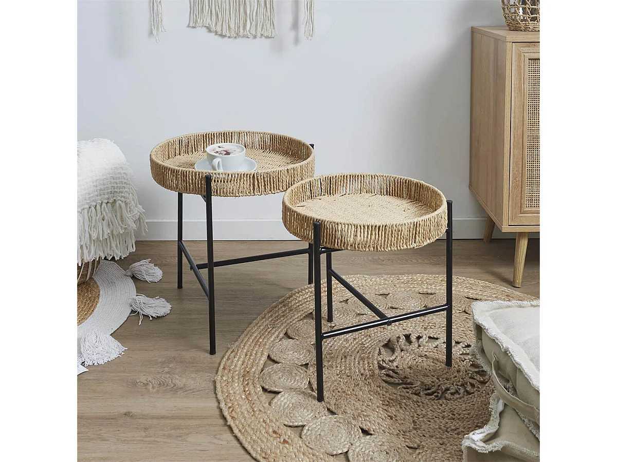CORDY - Tables Gigogne en Métal Noir avec Plateaux Amovibles Façon Cordage