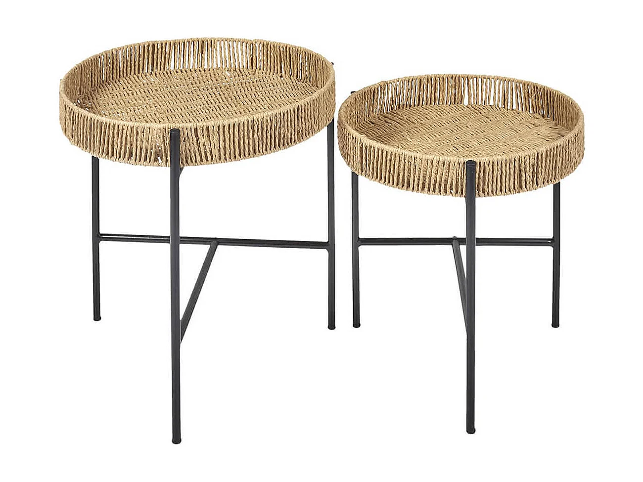 CORDY - Tables Gigogne en Métal Noir avec Plateaux Amovibles Façon Cordage