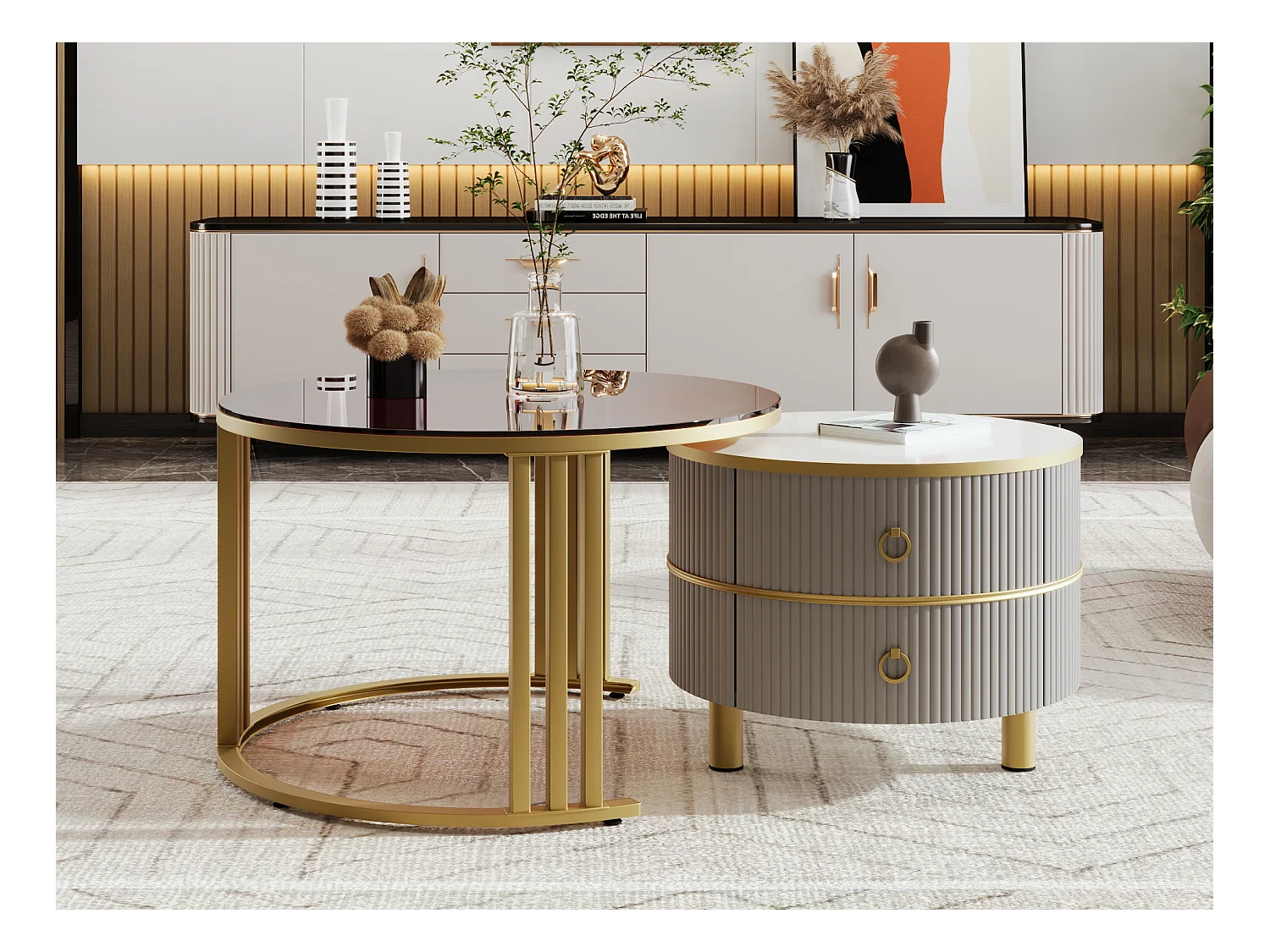 Lot de 2 Tables basses rondes, tables basse gigognes en MDF - plateau en verre trempé marron - 2 tiroirs - 70x70x45 + 50x50x40 cm