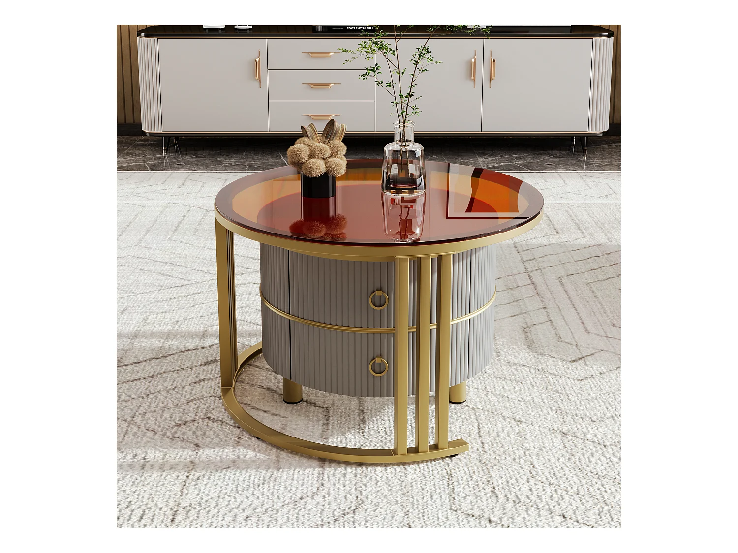 Lot de 2 Tables basses rondes, tables basse gigognes en MDF - plateau en verre trempé marron - 2 tiroirs - 70x70x45 + 50x50x40 cm