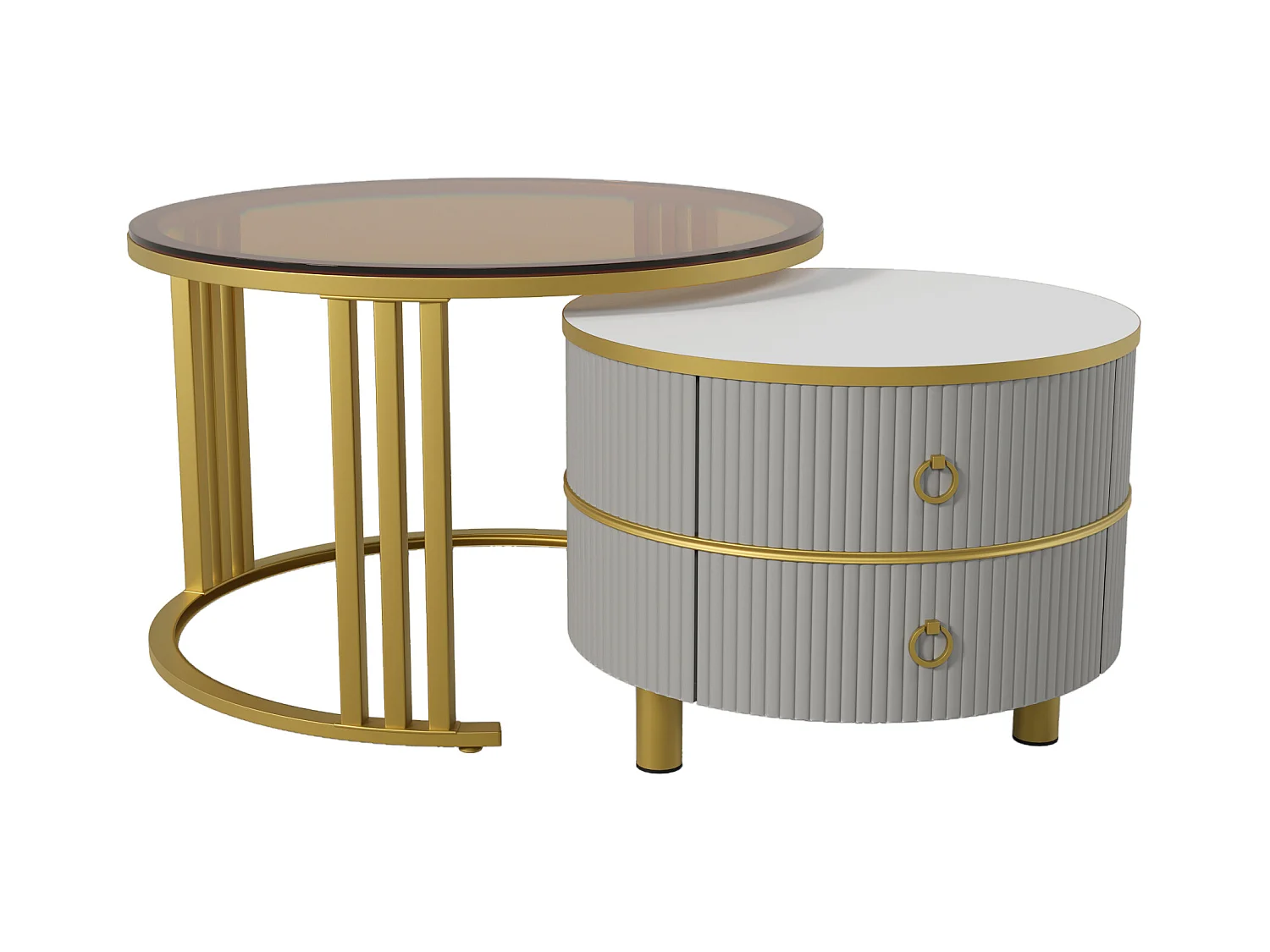 Lot de 2 Tables basses rondes, tables basse gigognes en MDF - plateau en verre trempé marron - 2 tiroirs - 70x70x45 + 50x50x40 cm