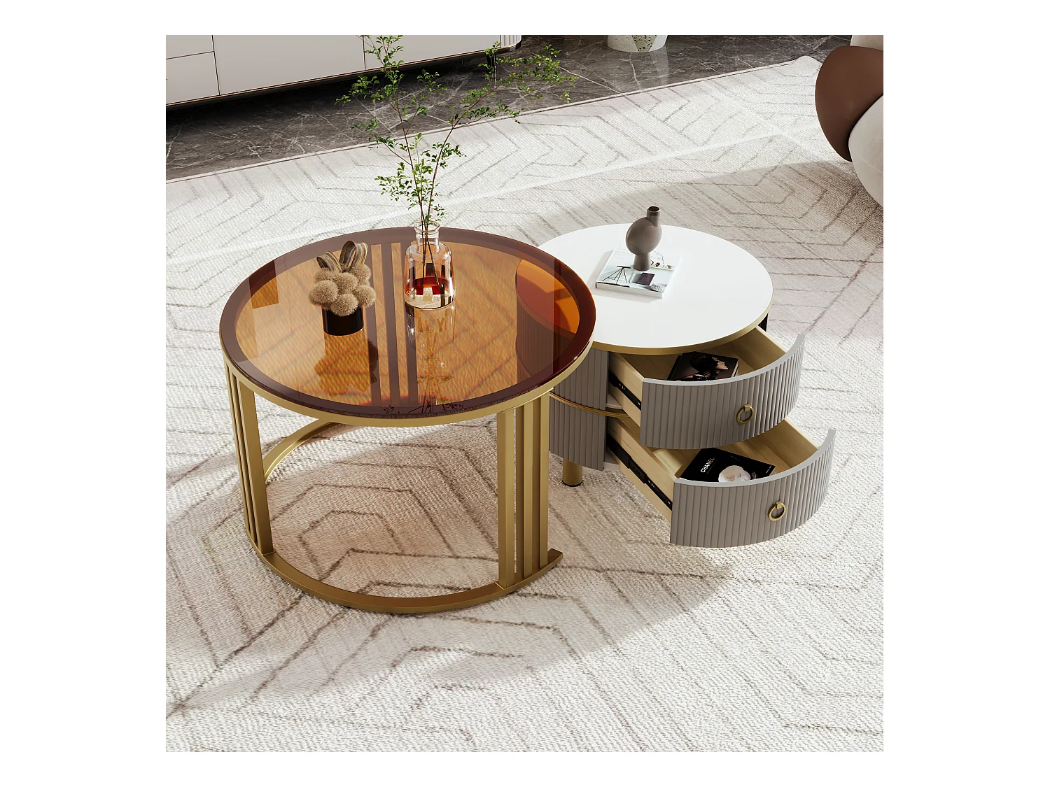 Set aus 2 runden Couchtischen, ineinander steckbaren Couchtischen aus MDF – braune Platte aus gehärtetem Glas – 2 Schubladen – 70 x 70 x 45 + 50 x 50 x 40 cm