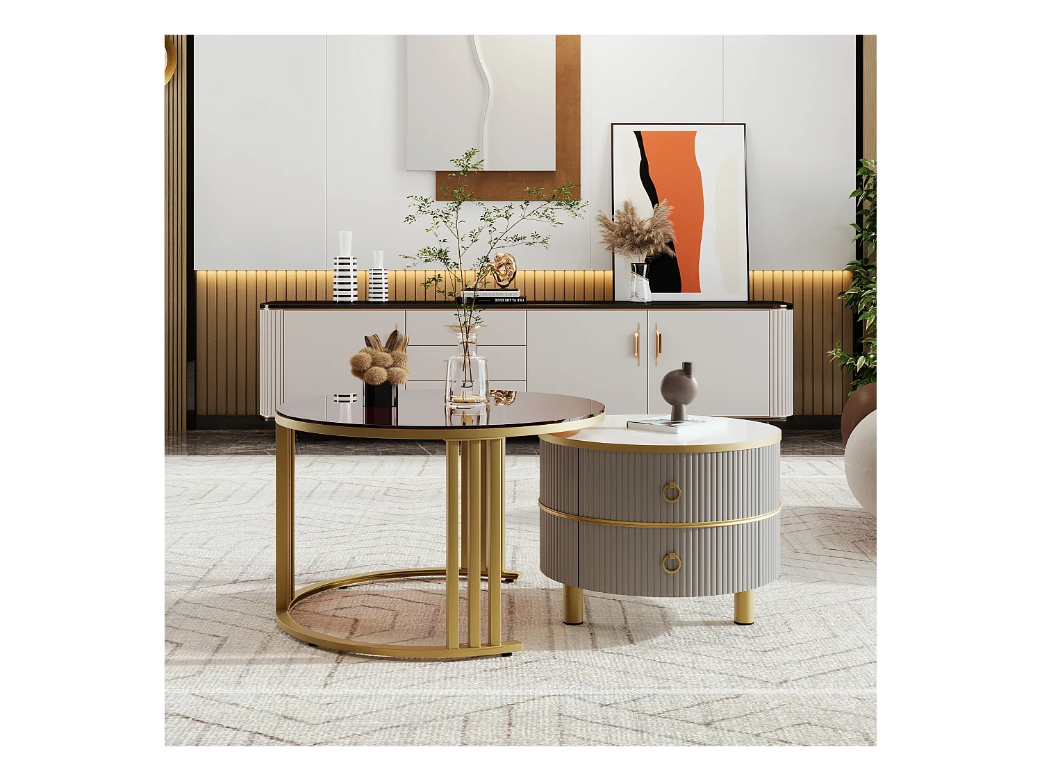 Set aus 2 runden Couchtischen, ineinander steckbaren Couchtischen aus MDF – braune Platte aus gehärtetem Glas – 2 Schubladen – 70 x 70 x 45 + 50 x 50 x 40 cm