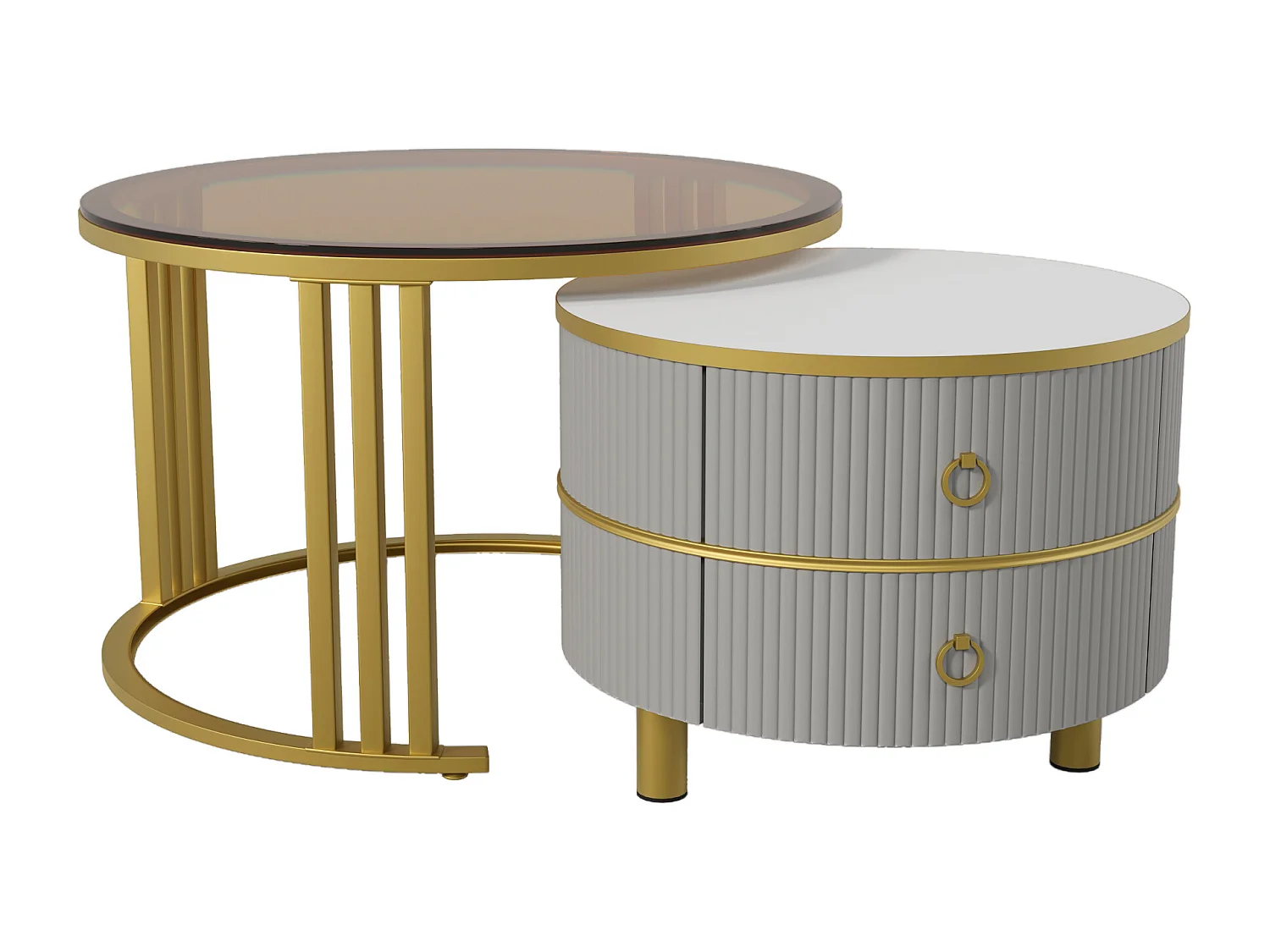 Set aus 2 runden Couchtischen, ineinander steckbaren Couchtischen aus MDF – braune Platte aus gehärtetem Glas – 2 Schubladen – 70 x 70 x 45 + 50 x 50 x 40 cm