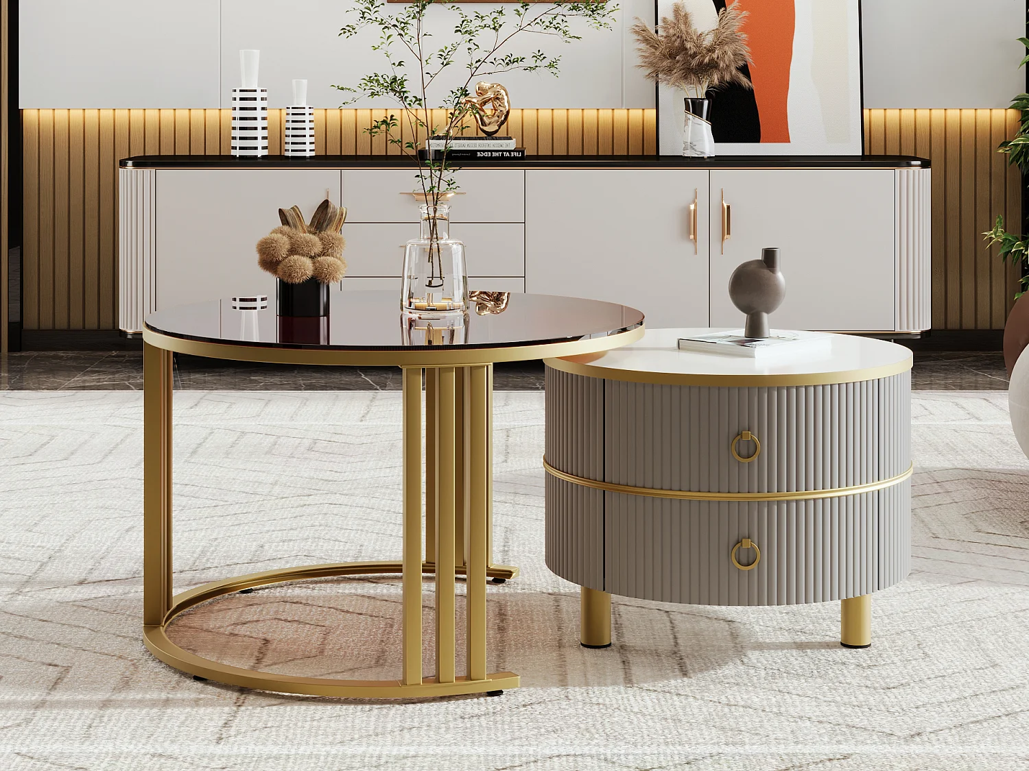 Lot de 2 Tables basses rondes, tables basse gigognes en MDF - plateau en verre trempé marron - 2 tiroirs - 70x70x45 + 50x50x40 cm