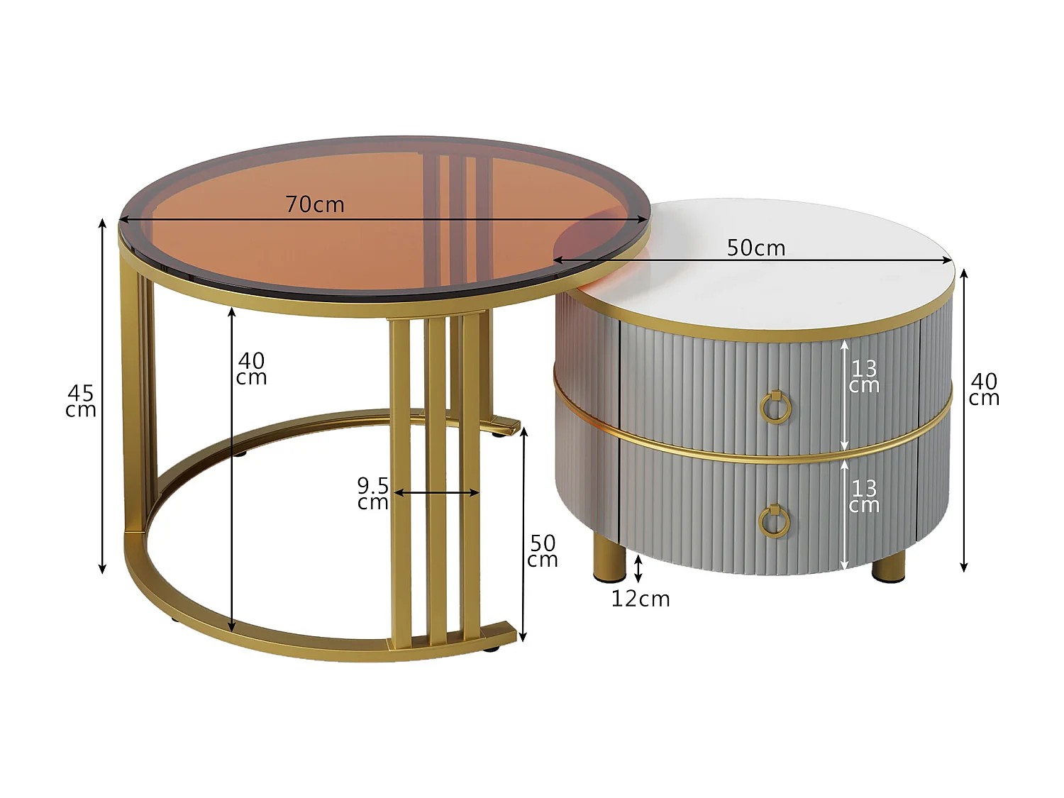 Lot de 2 Tables basses rondes, tables basse gigognes en MDF - plateau en verre trempé marron - 2 tiroirs - 70x70x45 + 50x50x40 cm
