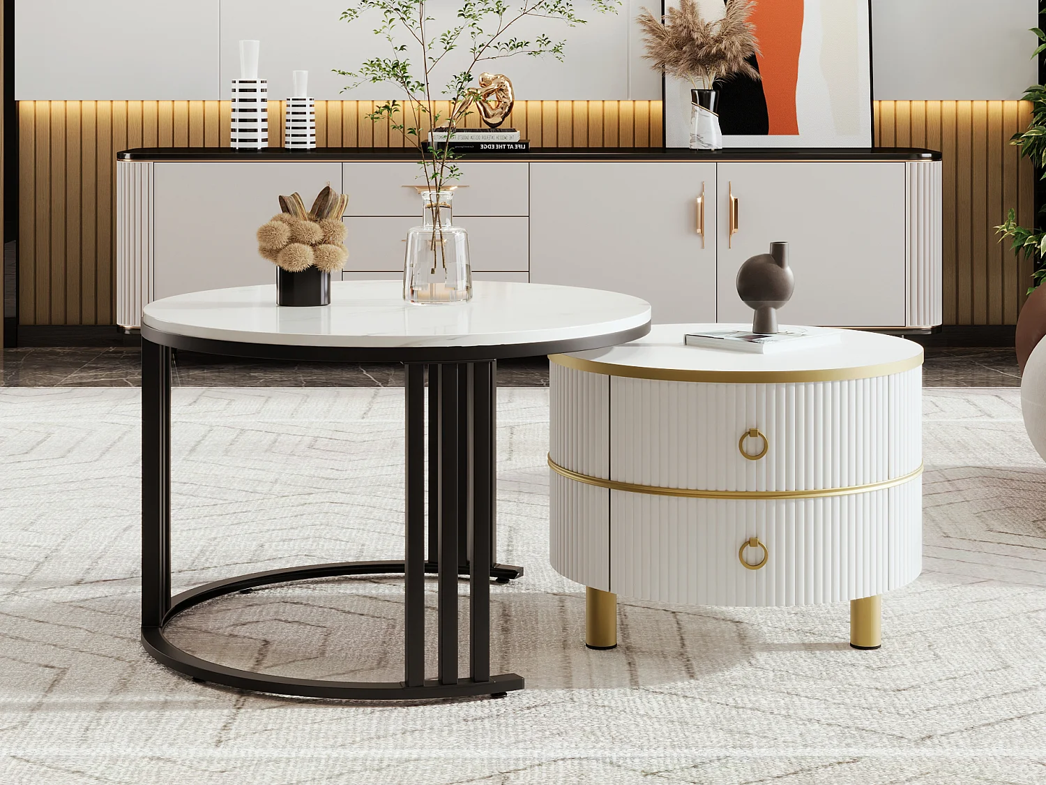 Set van 2 2 in 1 ronde salontafels, MDF bijzettafel - blad marmer patroon - 2 lades - 70x70x45 + 50x50x40 cm