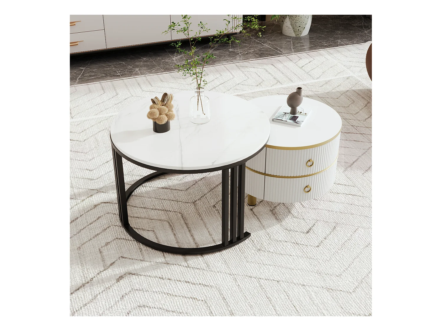 Set van 2 2 in 1 ronde salontafels, MDF bijzettafel - blad marmer patroon - 2 lades - 70x70x45 + 50x50x40 cm