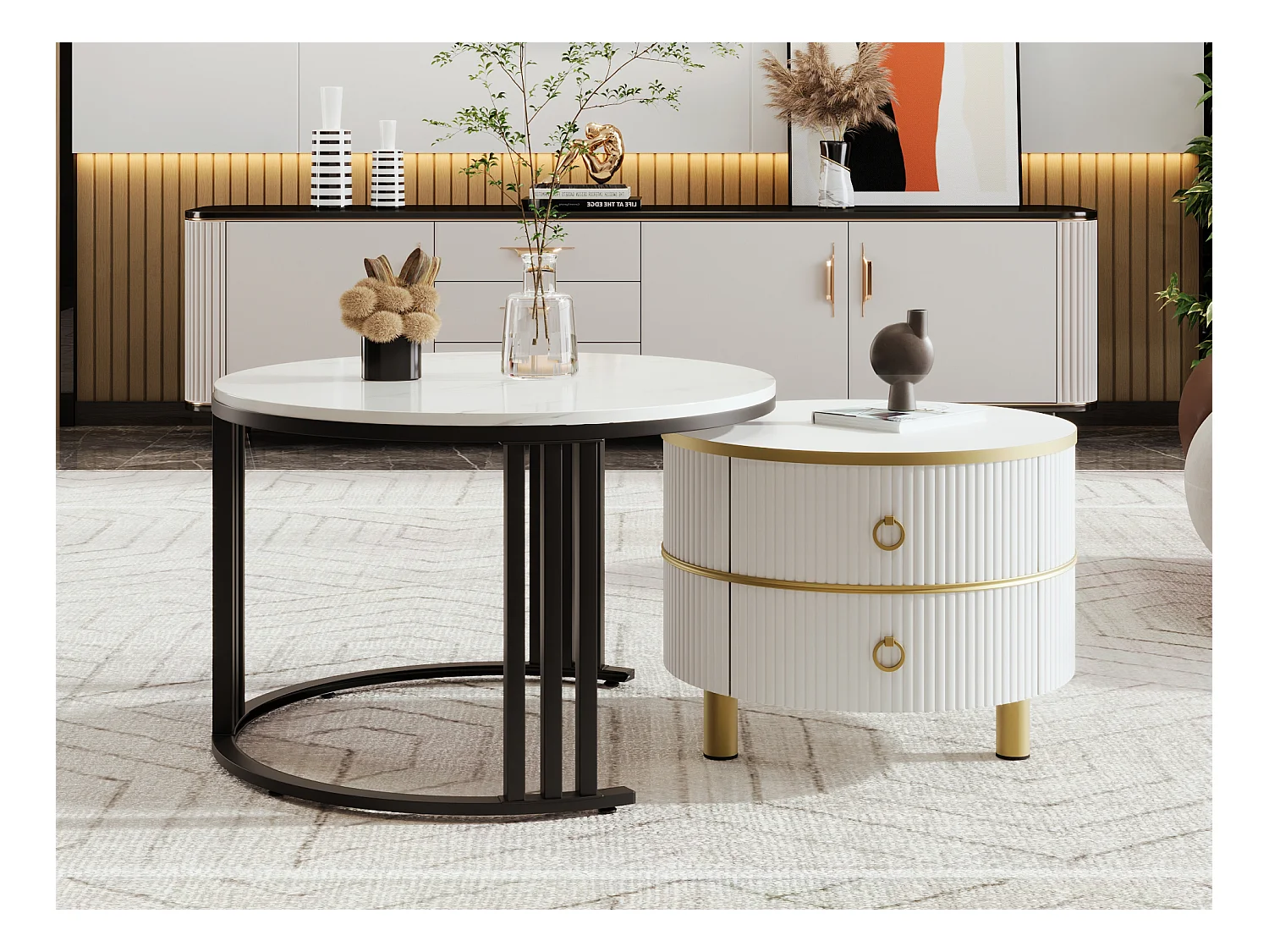 Set van 2 2 in 1 ronde salontafels, MDF bijzettafel - blad marmer patroon - 2 lades - 70x70x45 + 50x50x40 cm
