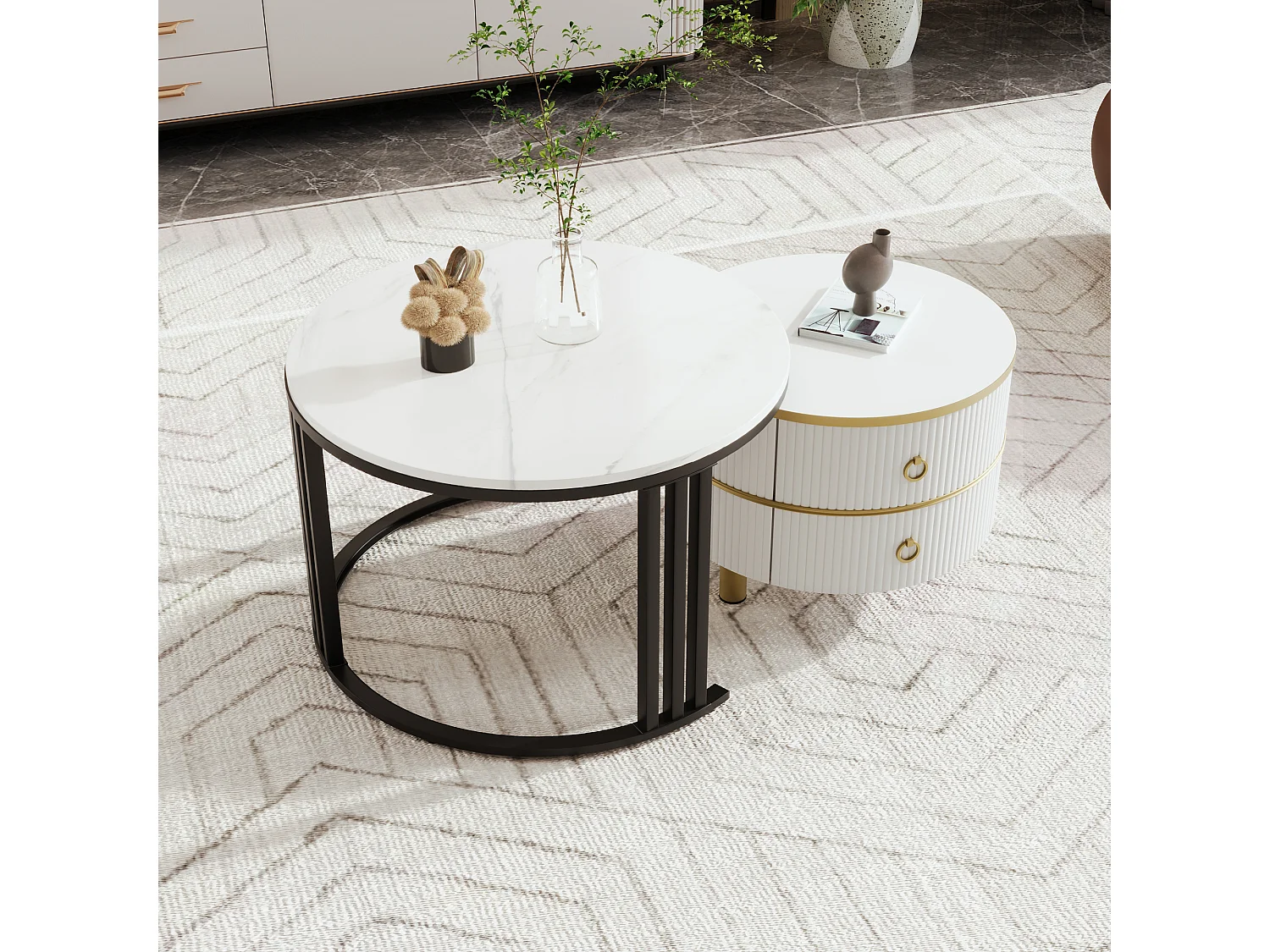 Lot de 2 Tables basses rondes 2 en 1, table d'appoint en MDF - plateau à motif marbre - 2 tiroirs - 70x70x45 + 50x50x40 cm