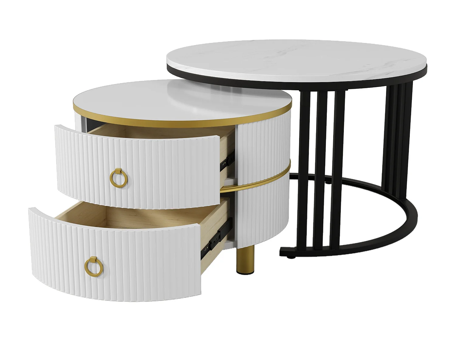 Lot de 2 Tables basses rondes 2 en 1, table d'appoint en MDF - plateau à motif marbre - 2 tiroirs - 70x70x45 + 50x50x40 cm