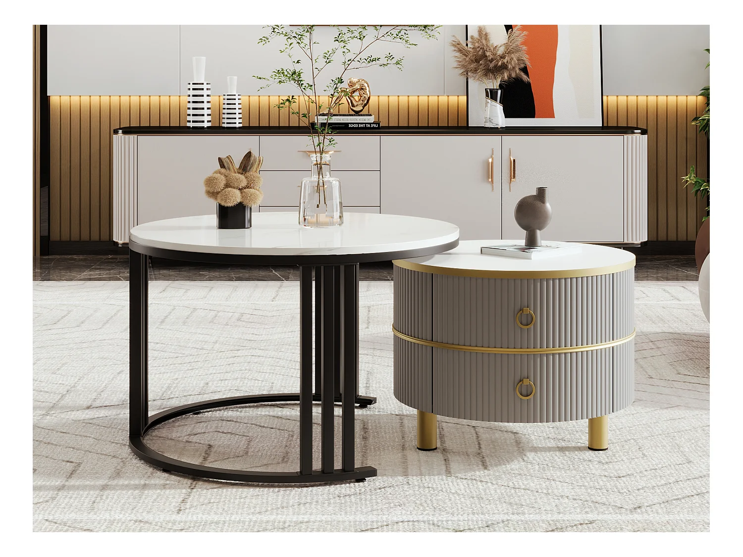 Set di 2 tavolini rotondi 2 in 1, tavolini impilabili in MDF - piano con motivi in marmo - 2 cassetti - 70x70x45 + 50x50x40 cm