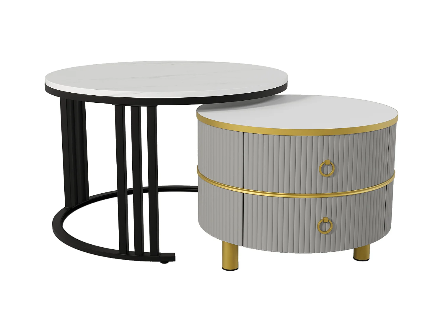 Set di 2 tavolini rotondi 2 in 1, tavolini impilabili in MDF - piano con motivi in marmo - 2 cassetti - 70x70x45 + 50x50x40 cm