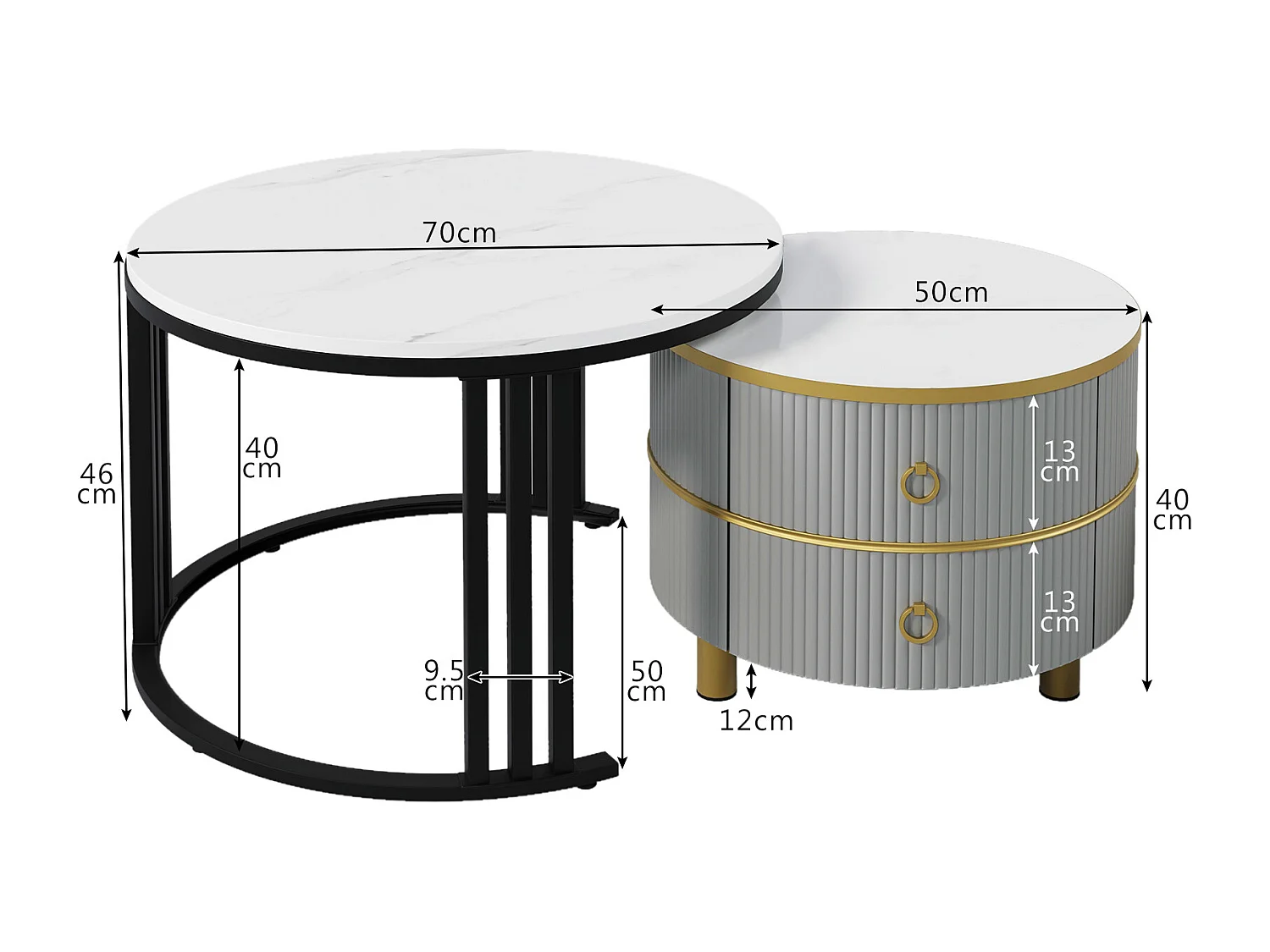 Set van 2 2 in 1 ronde salontafels, nestbare salontafels in MDF - blad met marmerpatroon - 2 laden - 70x70x45 + 50x50x40 cm