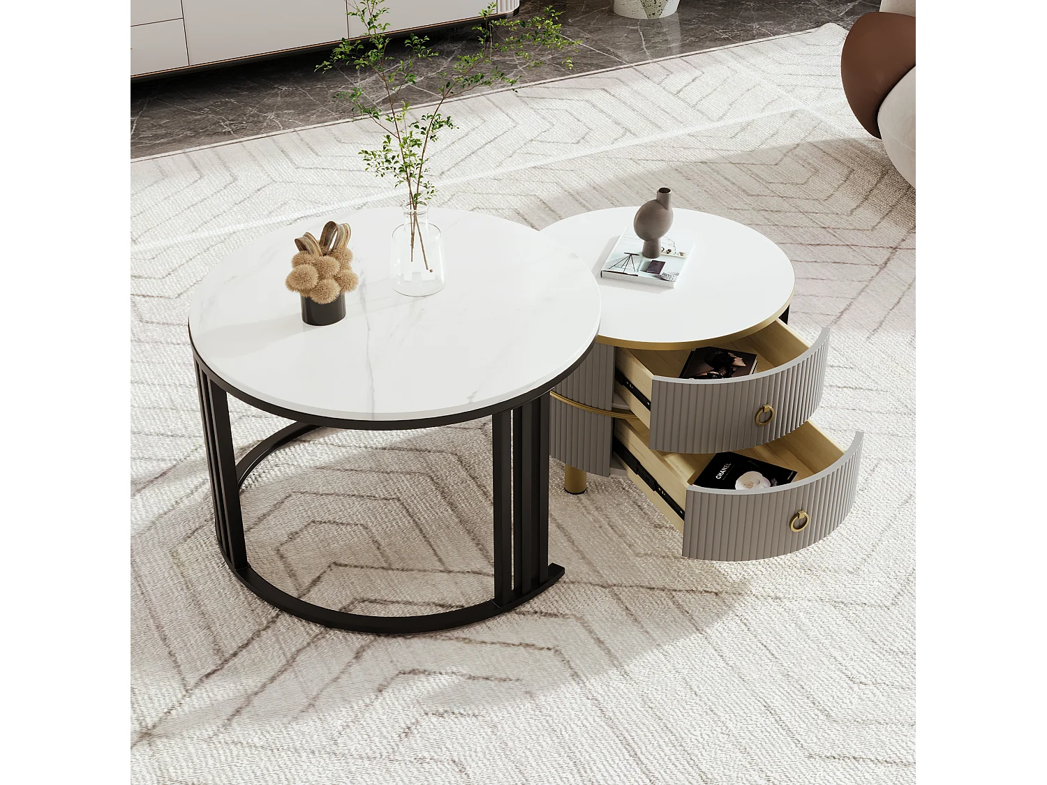 Lot de 2 Tables basses rondes 2 en 1, tables basses gigognes en MDF - plateau à motif marbre - 2 tiroirs - 70x70x45 + 50x50x40 cm