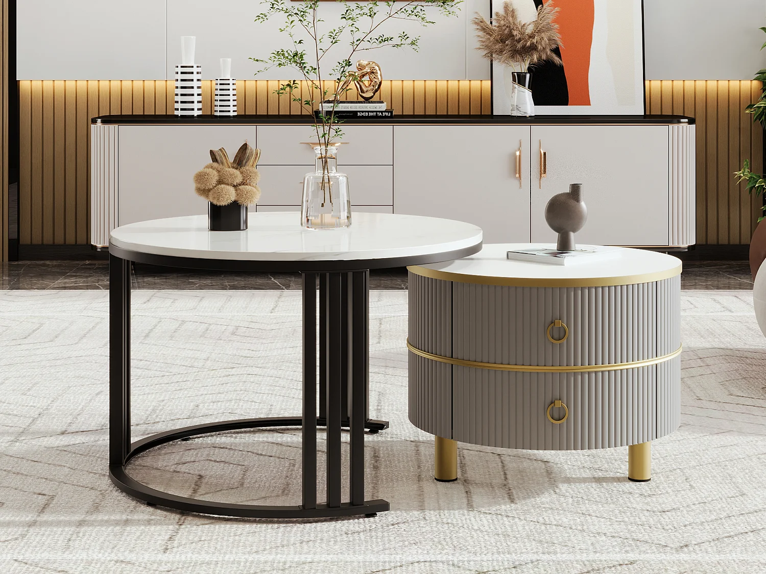 Set van 2 2 in 1 ronde salontafels, nestbare salontafels in MDF - blad met marmerpatroon - 2 laden - 70x70x45 + 50x50x40 cm