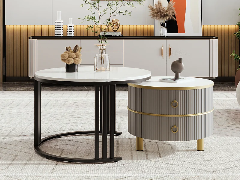 Set van 2 2 in 1 ronde salontafels, nestbare salontafels in MDF - blad met marmerpatroon - 2 laden - 70x70x45 + 50x50x40 cm