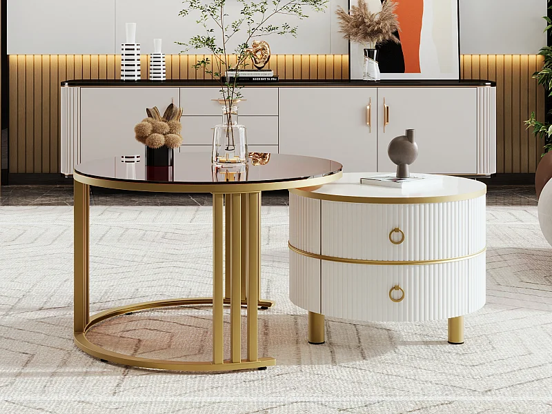 Lot de 2 Tables basses rondes 2 en 1, table d'appoint en MDF - plateau en verre trempé marron - 2 tiroirs - 70x70x45 + 50x50x40 cm