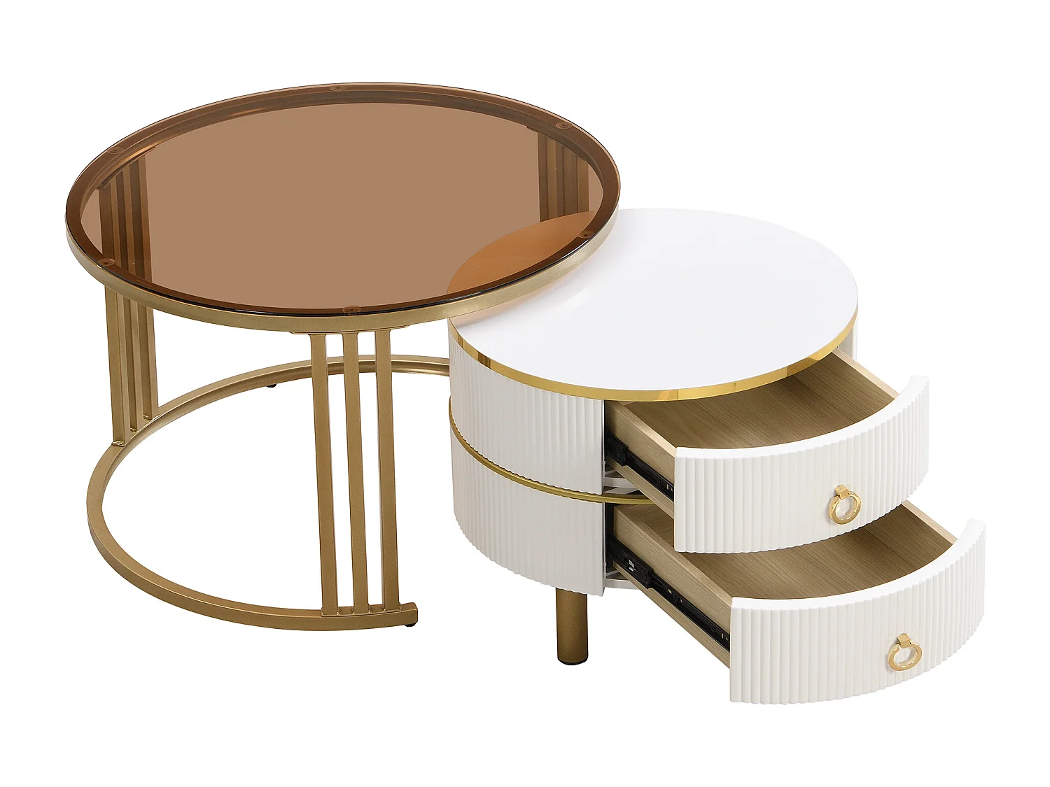 Conjunto de 2 mesas de centro redondas 2 em 1, mesa lateral em MDF - tampo em vidro temperado marrom - 2 gavetas - 70x70x45 + 50x50x40 cm