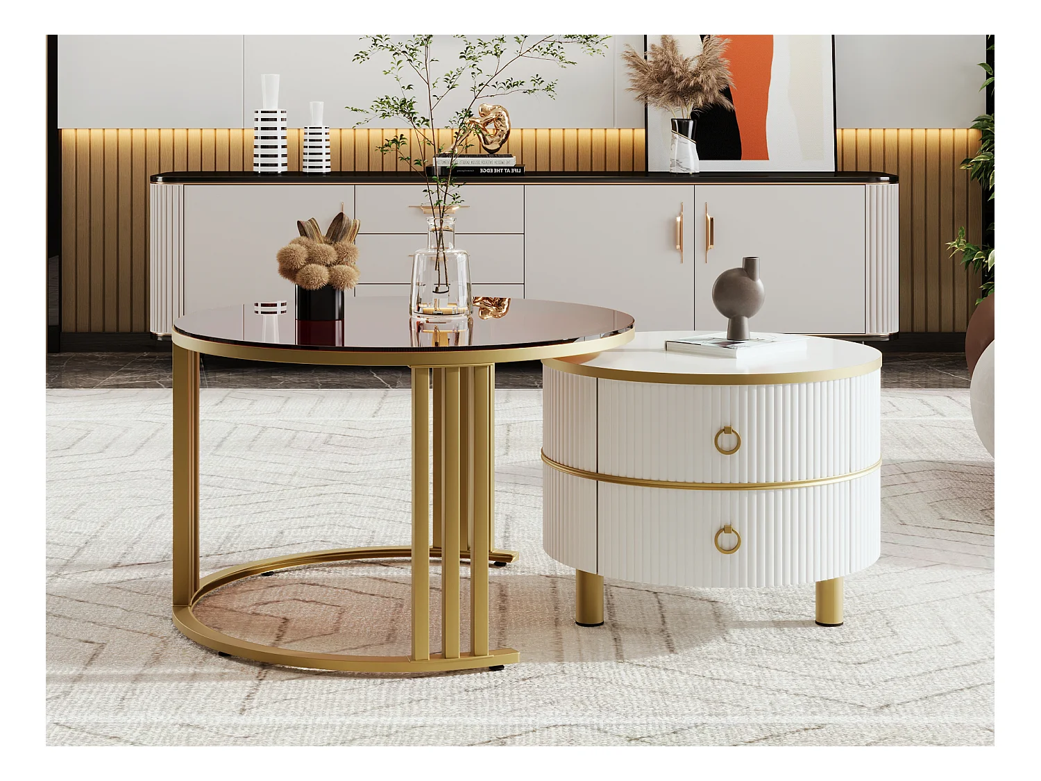 Set mit 2 runden 2-in-1-Couchtischen, MDF-Beistelltisch – braune Platte aus gehärtetem Glas – 2 Schubladen – 70 x 70 x 45 + 50 x 50 x 40 cm