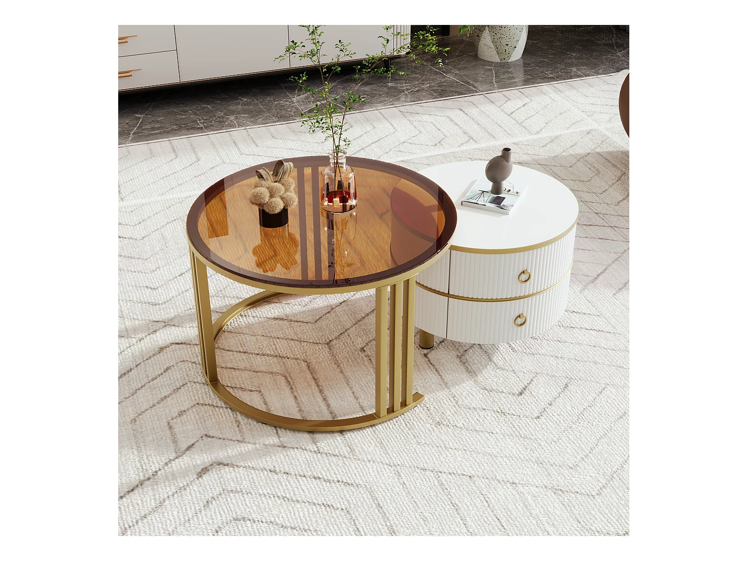 Set van 2 2 in 1 ronde salontafels, MDF bijzettafel - blad van bruin gehard glas - 2 lades - 70x70x45 + 50x50x40 cm