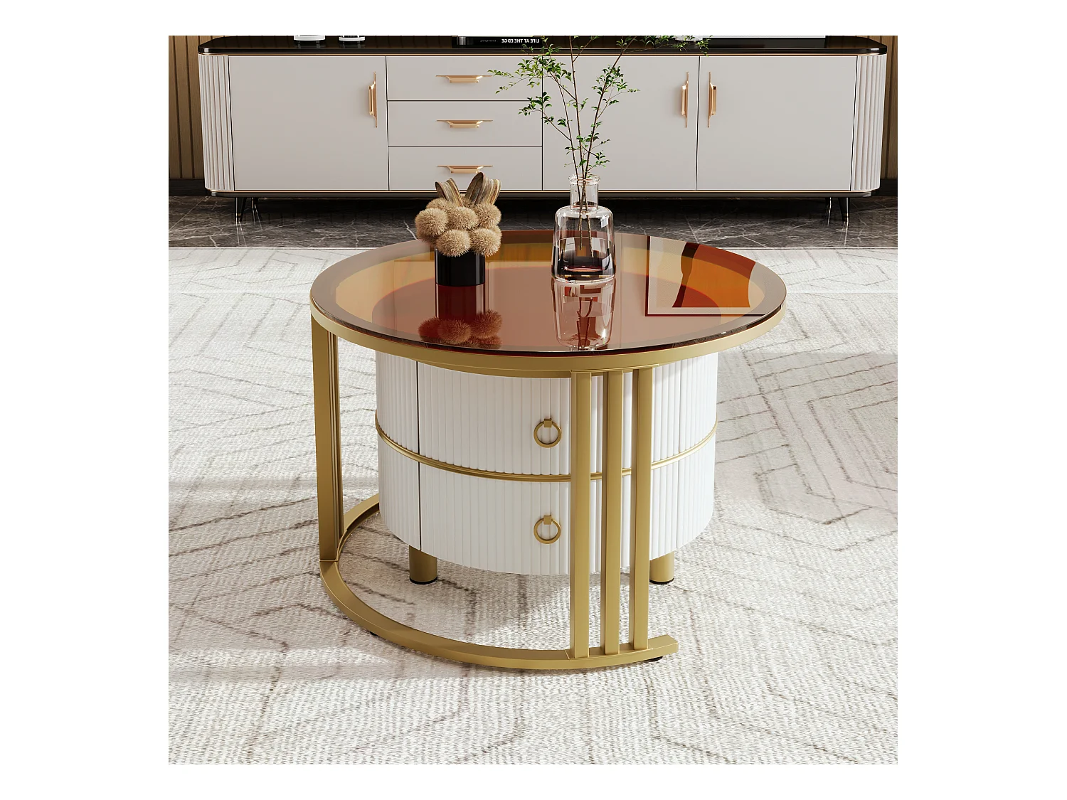 Set van 2 2 in 1 ronde salontafels, MDF bijzettafel - blad van bruin gehard glas - 2 lades - 70x70x45 + 50x50x40 cm