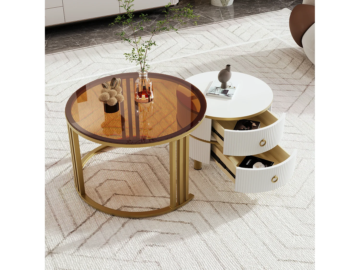 Set van 2 2 in 1 ronde salontafels, MDF bijzettafel - blad van bruin gehard glas - 2 lades - 70x70x45 + 50x50x40 cm