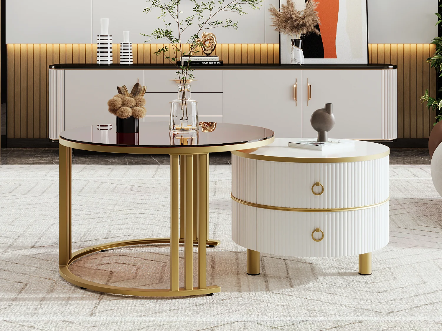 Lot de 2 Tables basses rondes 2 en 1, table d'appoint en MDF - plateau en verre trempé marron - 2 tiroirs - 70x70x45 + 50x50x40 cm