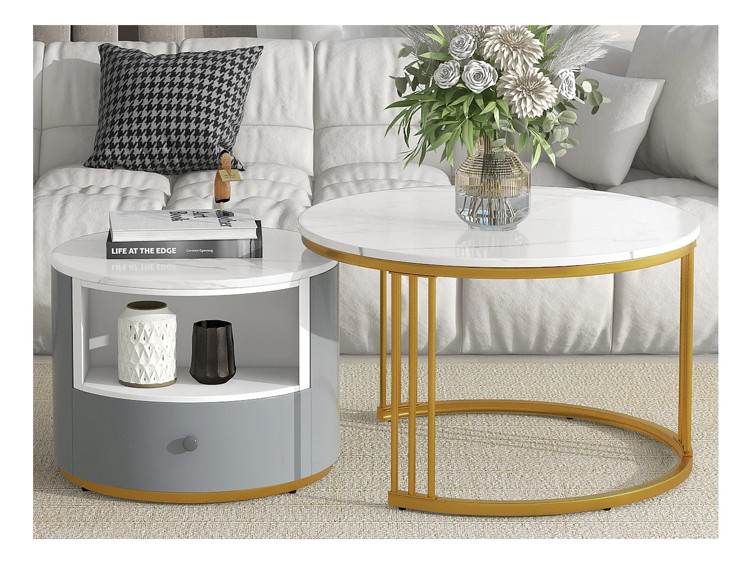 Lot de 2 tables basses rondes de salon - structure en métal - tables gigognes - Aspect marbre - blanc