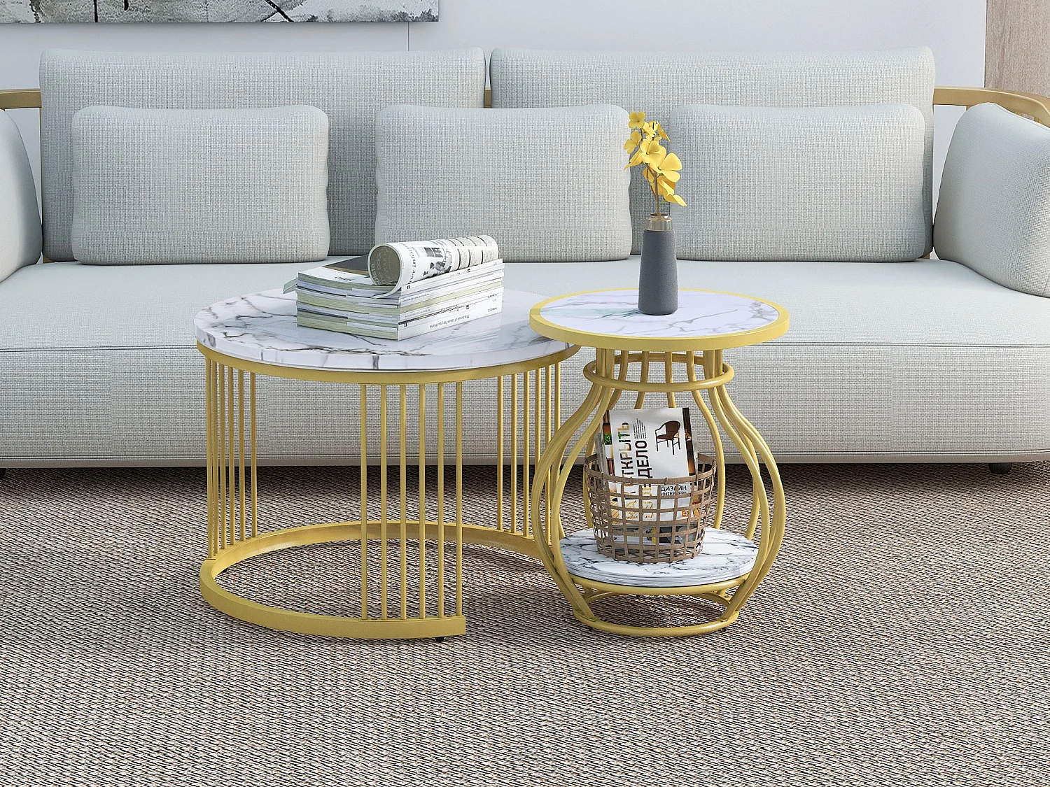 Set aus 2 runden Wohnzimmer-Couchtischen – Metall und MDF – Satztische – Marmoroptik – Weiß