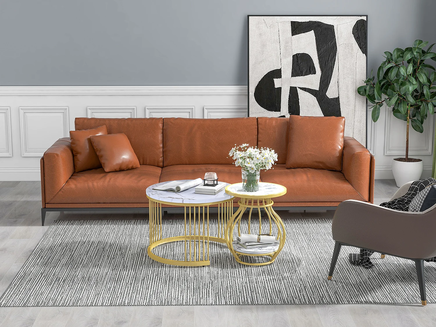 Set aus 2 runden Wohnzimmer-Couchtischen – Metall und MDF – Satztische – Marmoroptik – Weiß